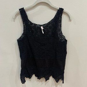 Free People Intimately Lace Eyelet Tank Top with Scalloped Hem BLACK Size M